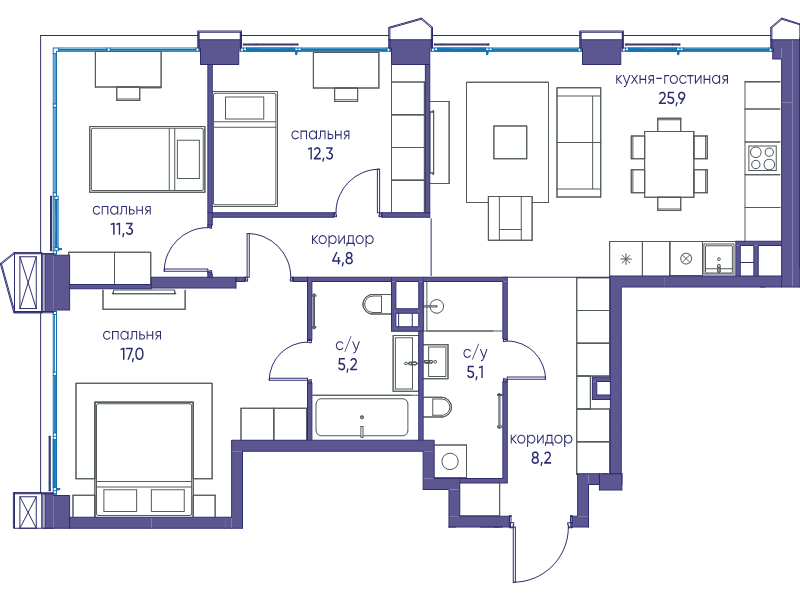 4 ккв (Евро) 89,8 м²