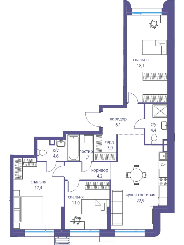 4 ккв (Евро) 93,4 м²