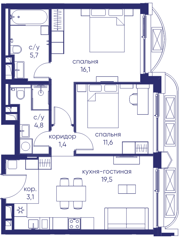 3 ккв (Евро) 62,2 м²