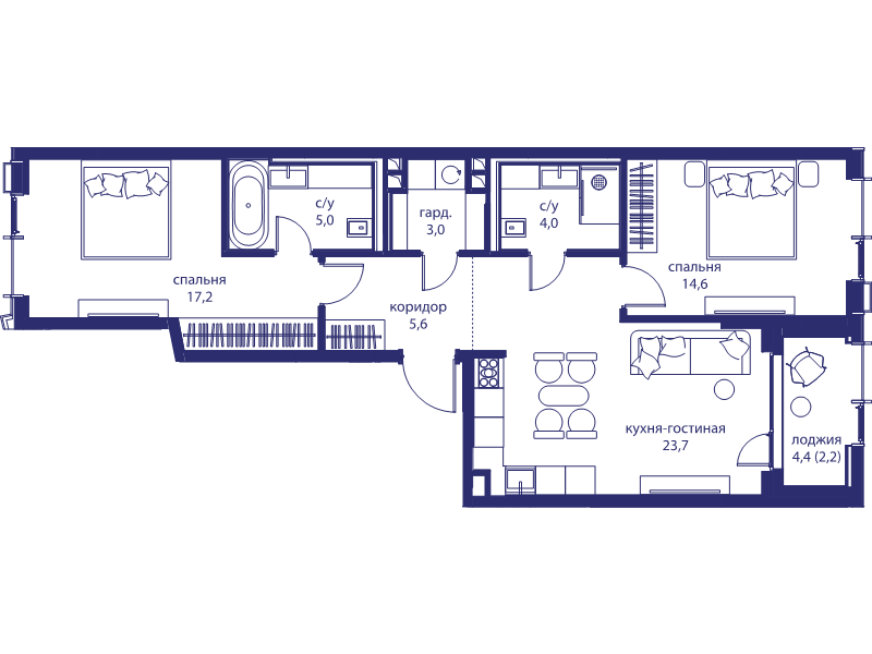 3 ккв (Евро) 75,4 м²