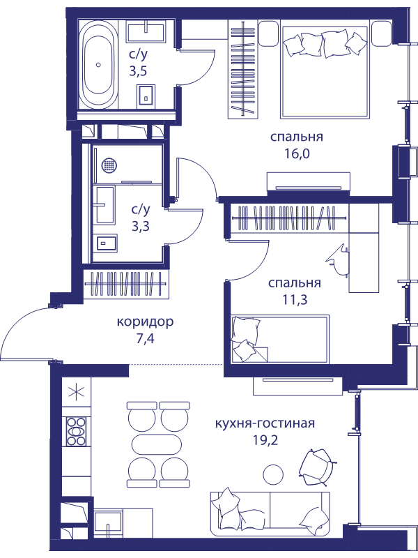 3 ккв (Евро) 60,7 м²