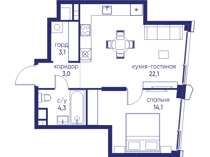 2 ккв (Евро) 46,6 м²