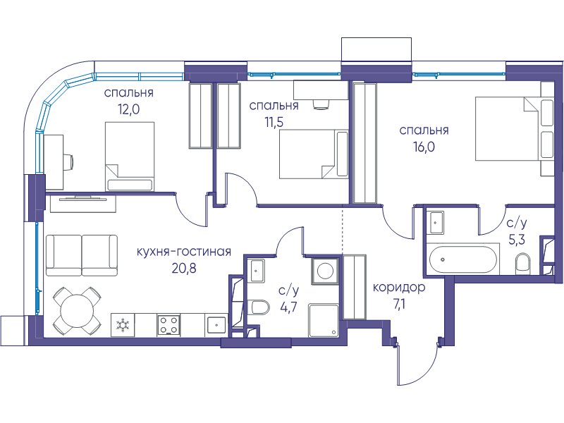 4 ккв (Евро) 77,4 м²