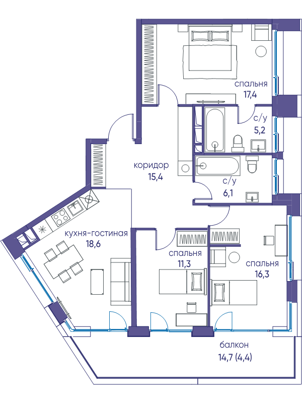 4 ккв (Евро) 94,7 м²