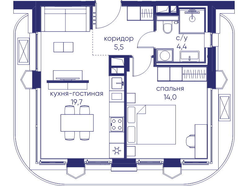 2 ккв (Евро) 43,6 м²