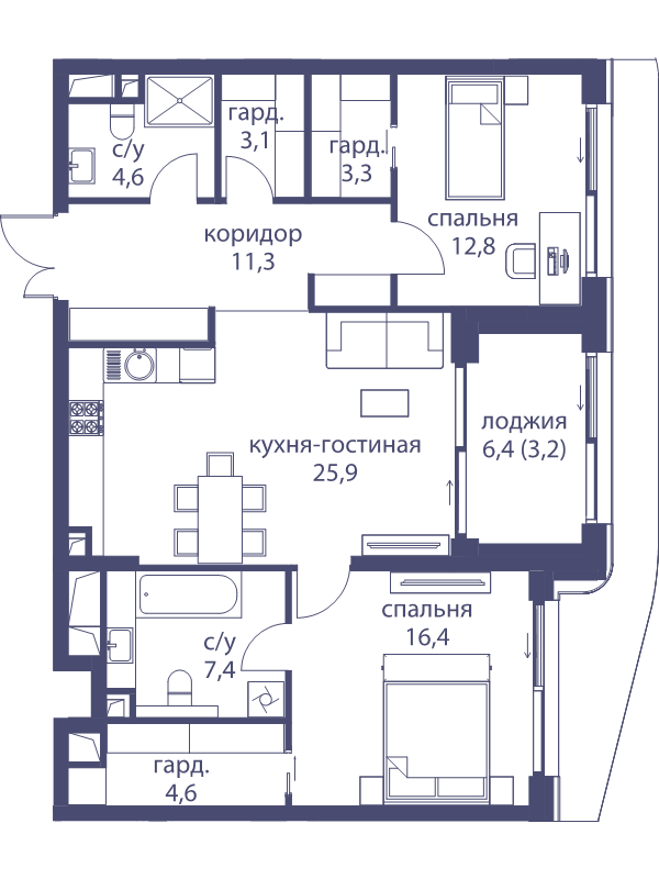 3 ккв (Евро) 92,6 м²