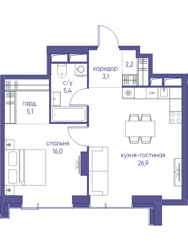 2 ккв (Евро) 58,7 м²