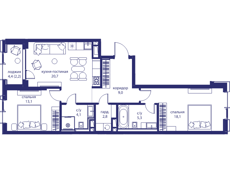 3 ккв (Евро) 75,3 м²