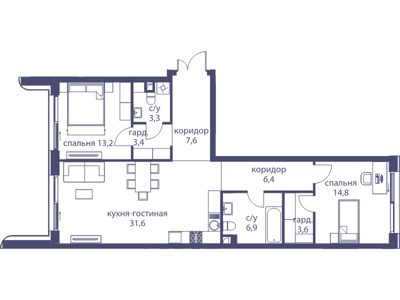 3 ккв (Евро) 90,8 м²