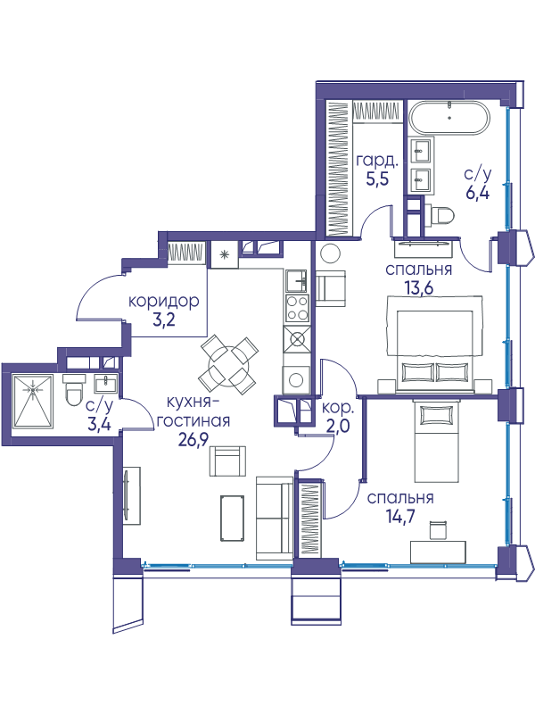 3 ккв (Евро) 73,7 м²