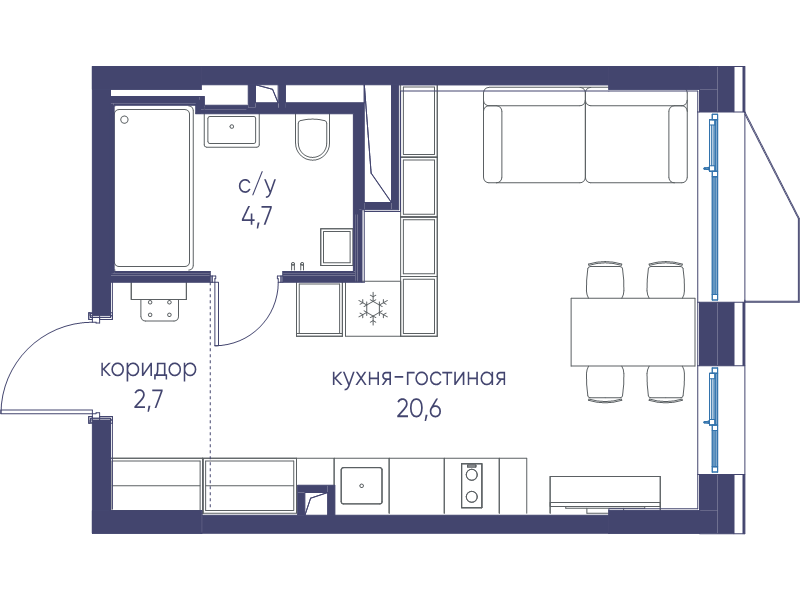 Студия 28 м²