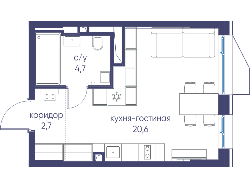 Студия 28 м²