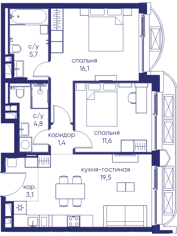 3 ккв (Евро) 62,2 м²
