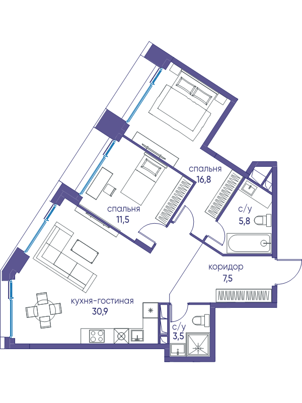 3 ккв (Евро) 76 м²