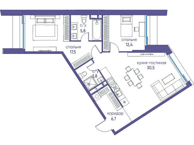 3 ккв (Евро) 76,7 м²