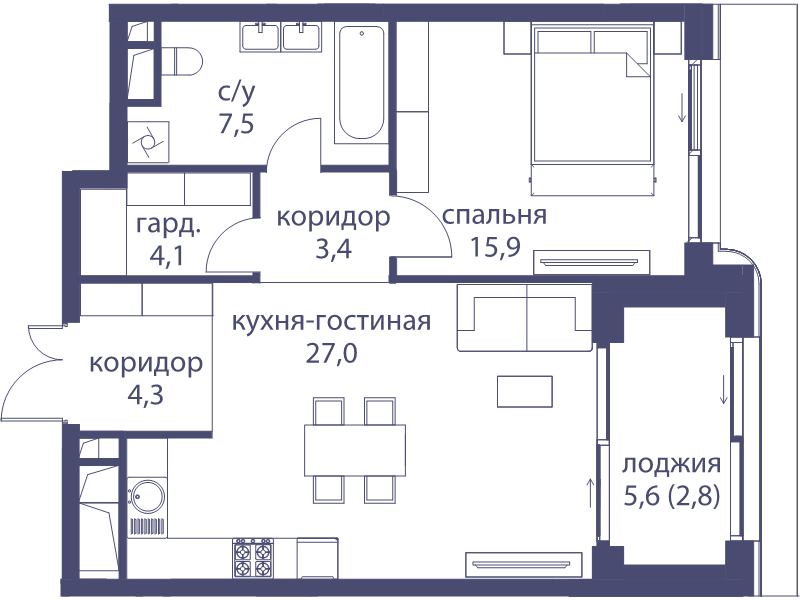 2 ккв (Евро) 65 м²