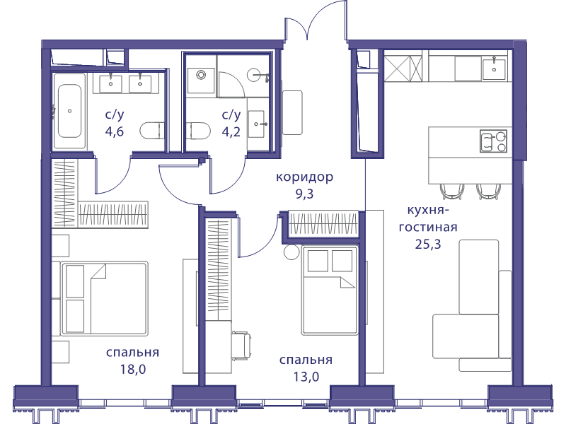 3 ккв (Евро) 74,4 м²