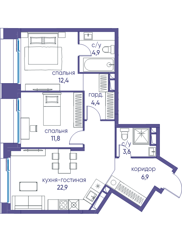 3 ккв (Евро) 66,9 м²