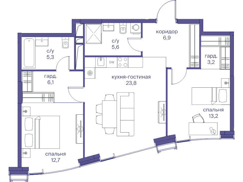 3 ккв (Евро) 76,8 м²