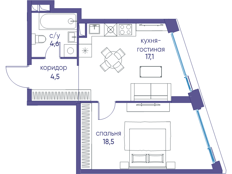 2 ккв (Евро) 44,7 м²