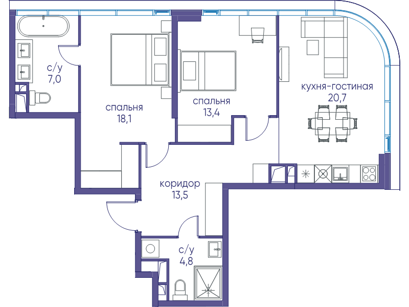 3 ккв (Евро) 77,4 м²