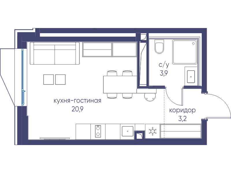 Студия 28 м²