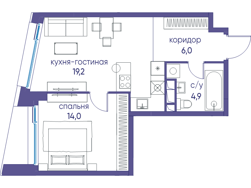 2 ккв (Евро) 44,1 м²