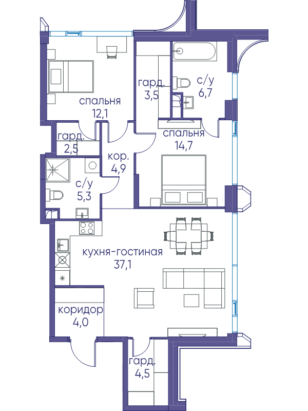 3 ккв (Евро) 90,8 м²