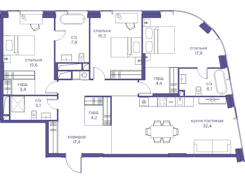 4 ккв (Евро) 129,5 м²