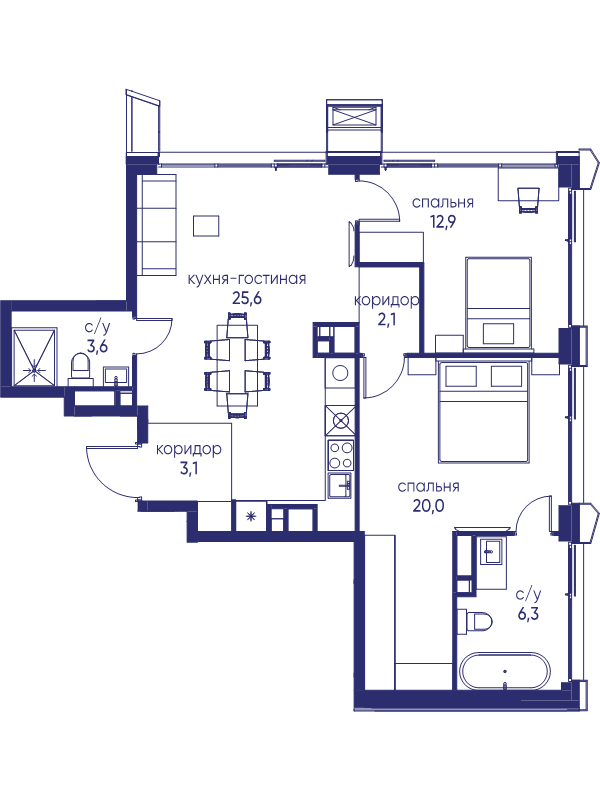 3 ккв (Евро) 73,6 м²