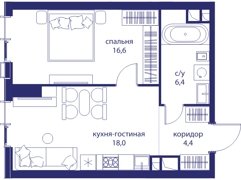 2 ккв (Евро) 45,4 м²