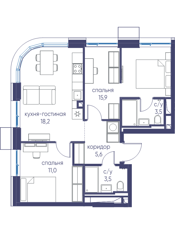 3 ккв (Евро) 57,7 м²