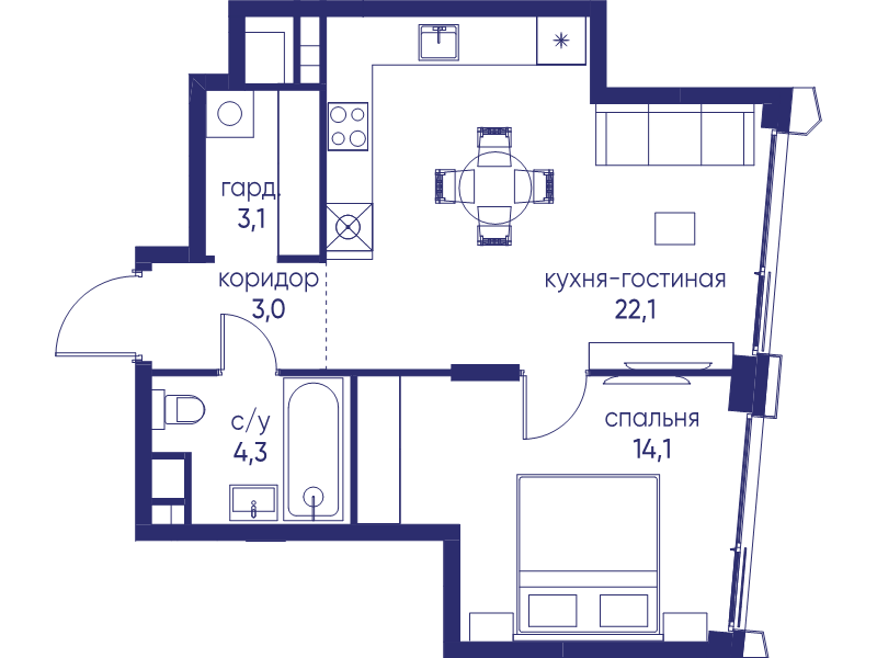 2 ккв (Евро) 46,6 м²