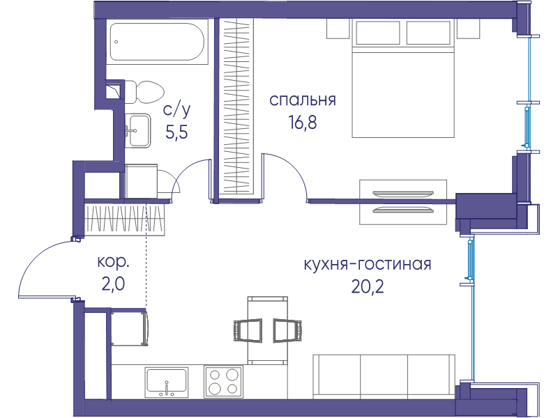 2 ккв (Евро) 44,5 м²
