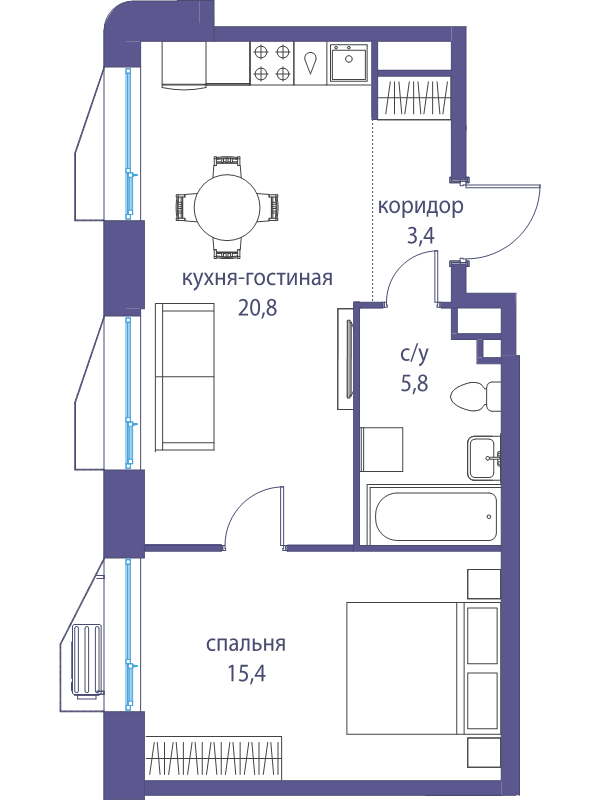 2 ккв (Евро) 45,4 м²