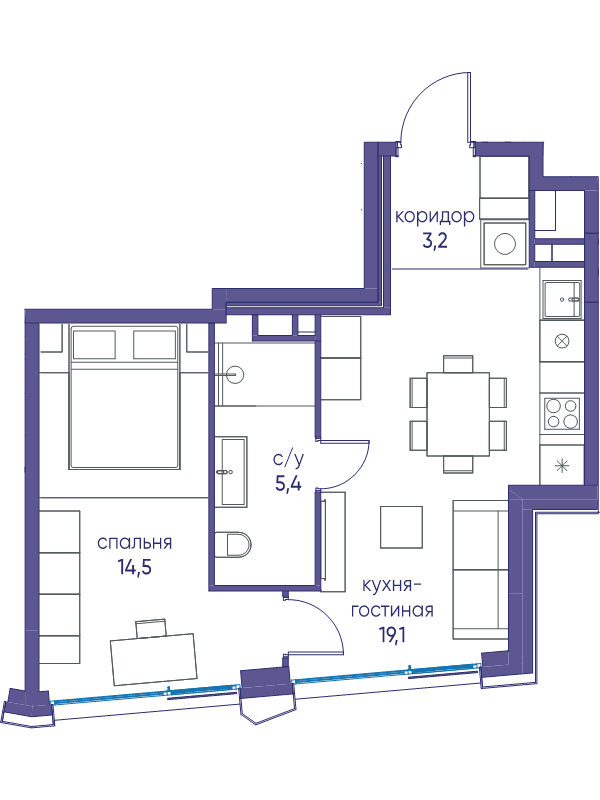 2 ккв (Евро) 42,2 м²