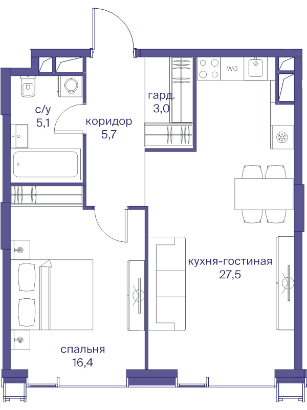 2 ккв (Евро) 57,7 м²