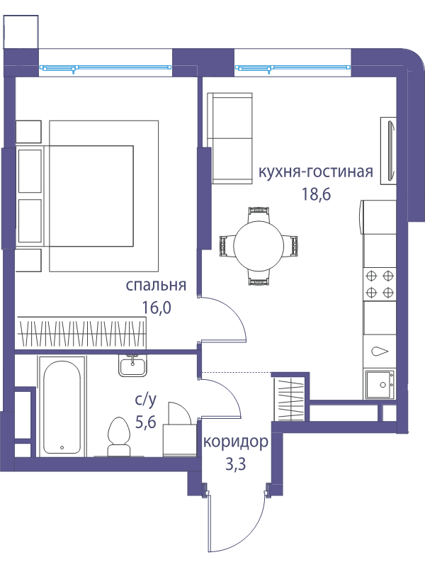 2 ккв (Евро) 43,5 м²