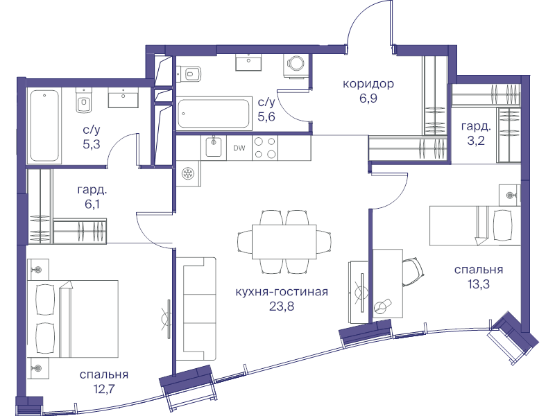 3 ккв (Евро) 76,9 м²