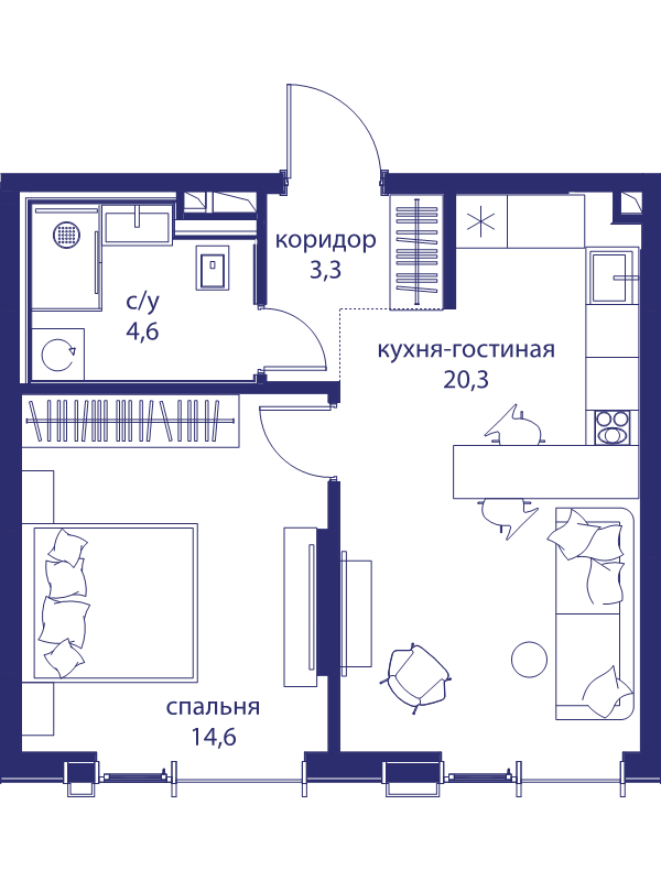 2 ккв (Евро) 42,8 м²
