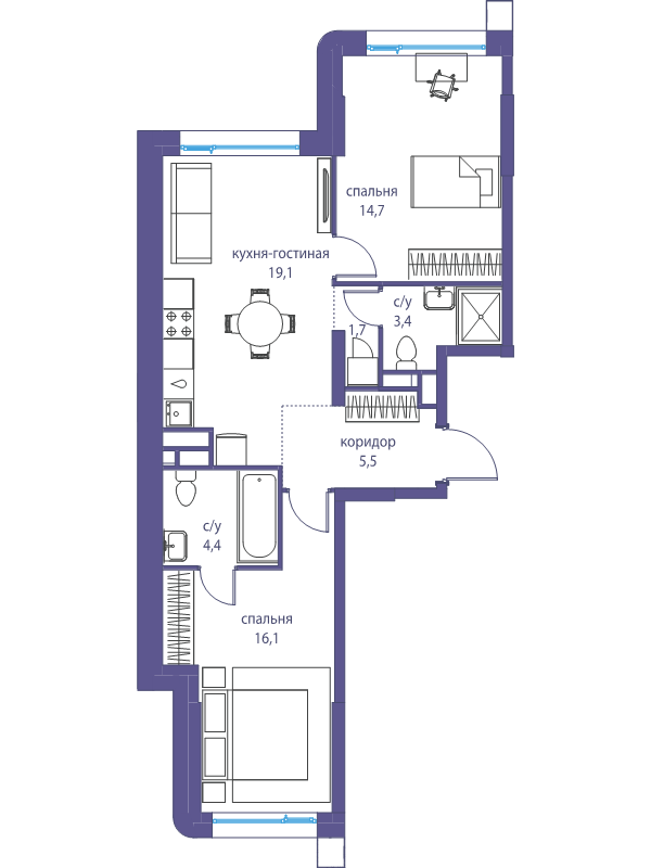 3 ккв (Евро) 64,9 м²