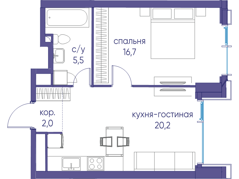 2 ккв (Евро) 44,4 м²