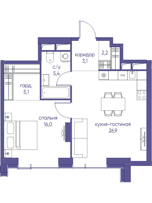 2 ккв (Евро) 58,7 м²