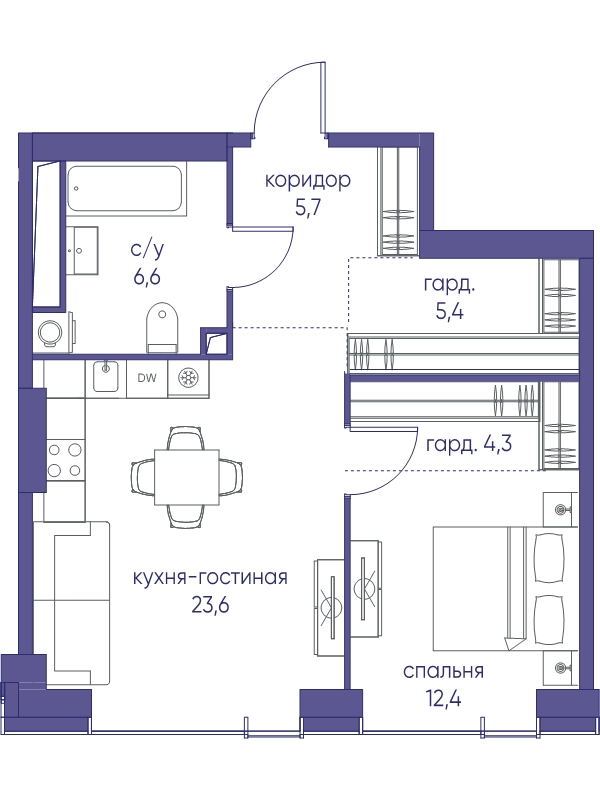 2 ккв (Евро) 58 м²