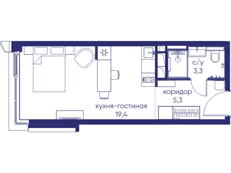 Студия 28 м²
