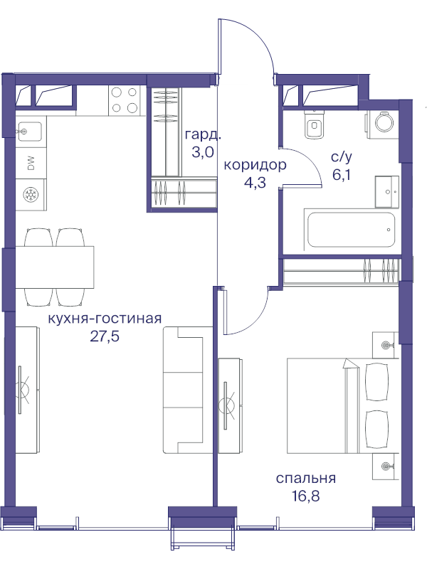 2 ккв (Евро) 57,7 м²