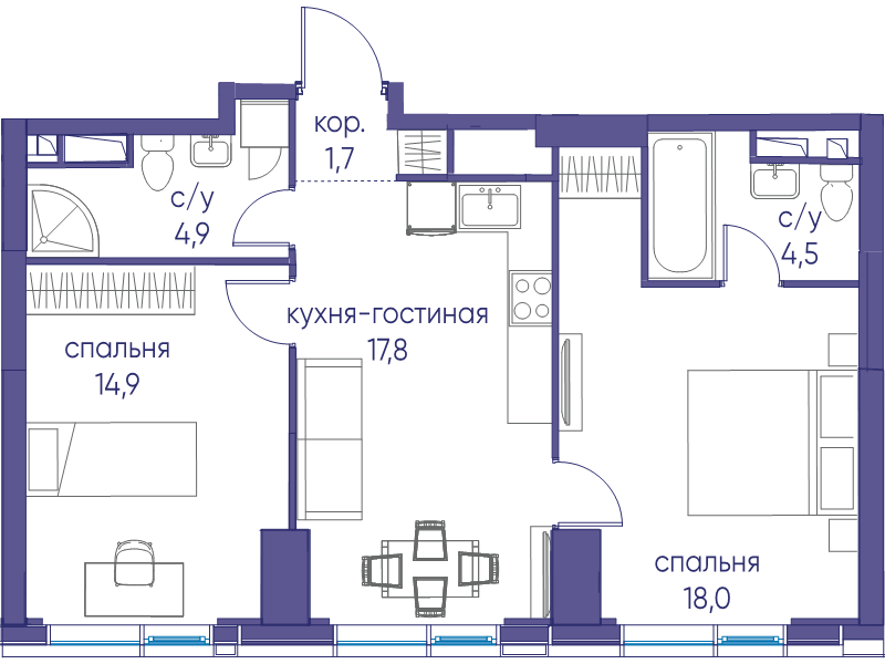 3 ккв (Евро) 61,8 м²