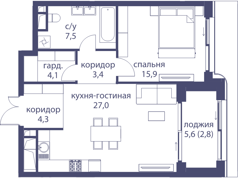 2 ккв (Евро) 65 м²