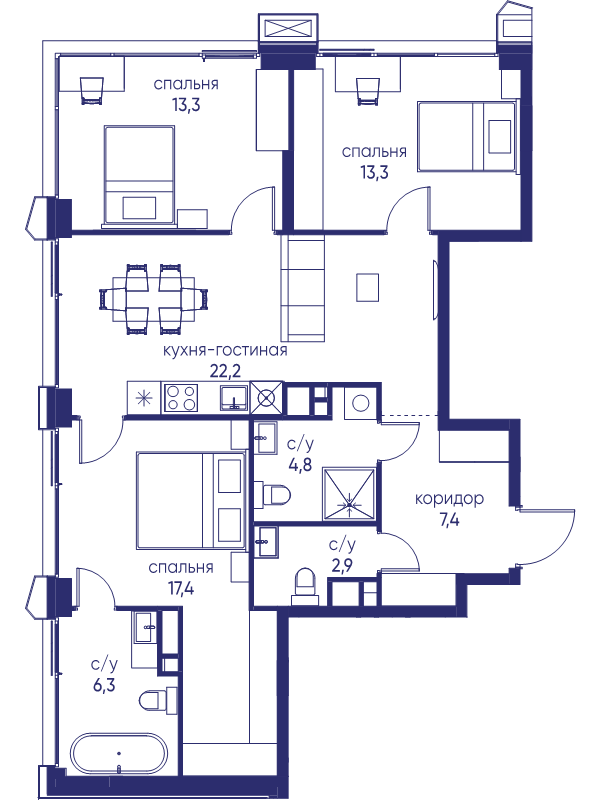 4 ккв (Евро) 87,6 м²