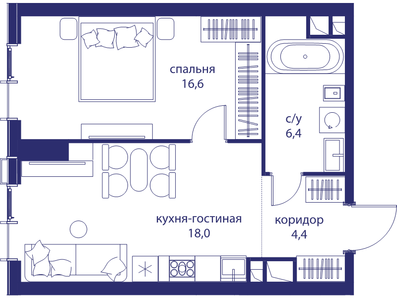 2 ккв (Евро) 45,4 м²